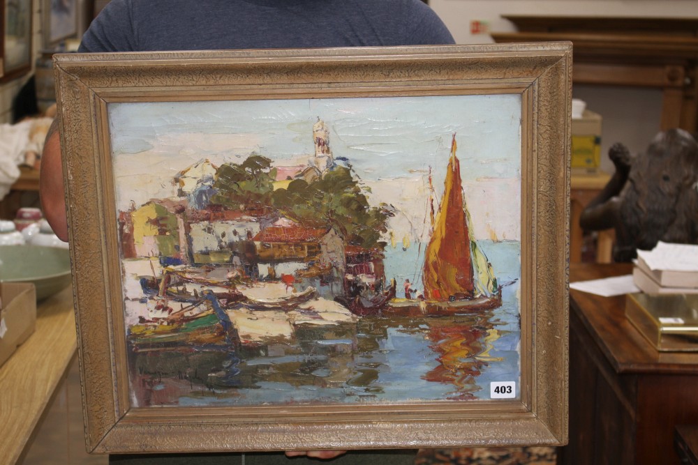 Italian School, oil on canvas, Fishing boats along the coast, indistinctly signed and dated, 40 x 50cm